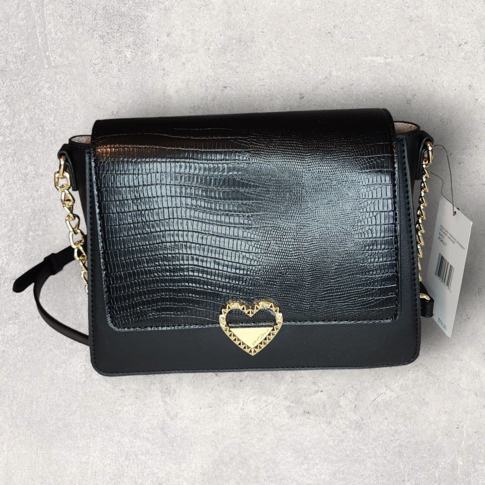 Betsey Johnson Faux Snake Embossed Trapezoid Crossbody - Black - NWT